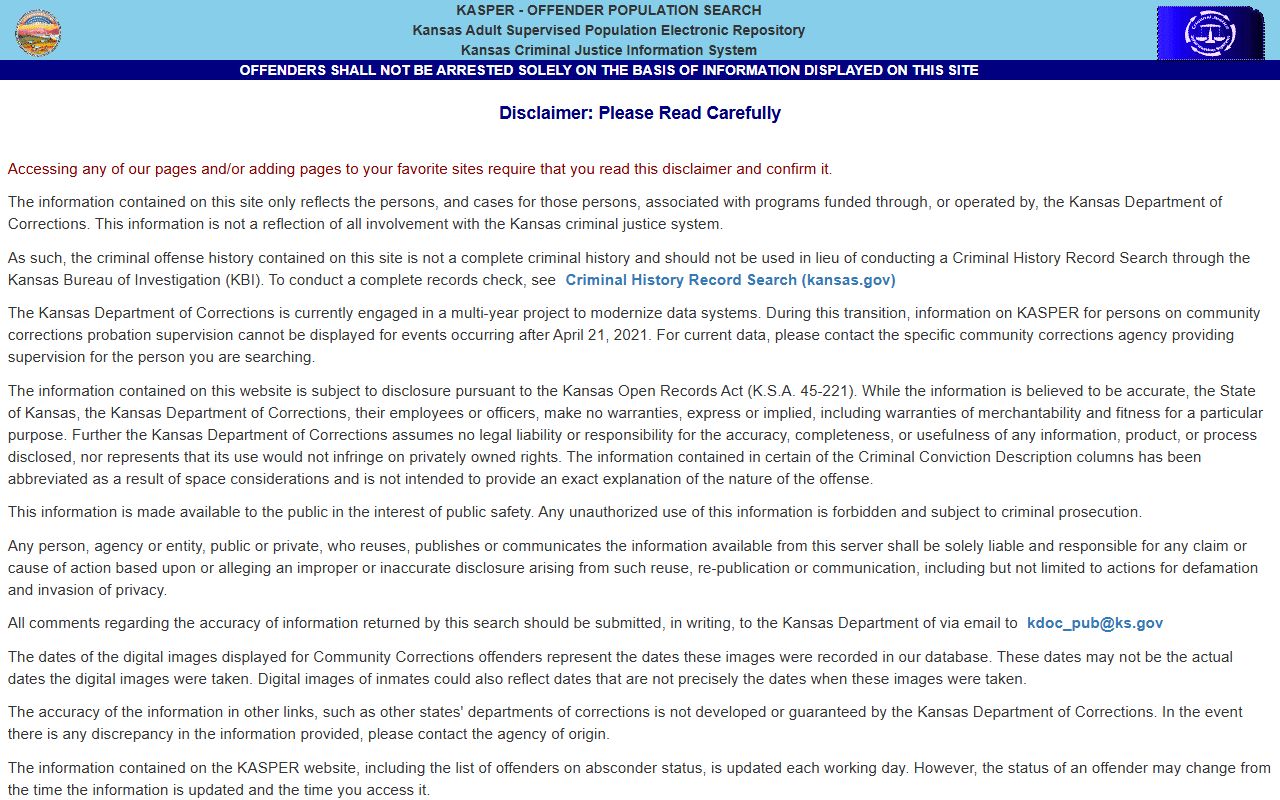Wilson County arrest records KDOC KASPER disclaimer